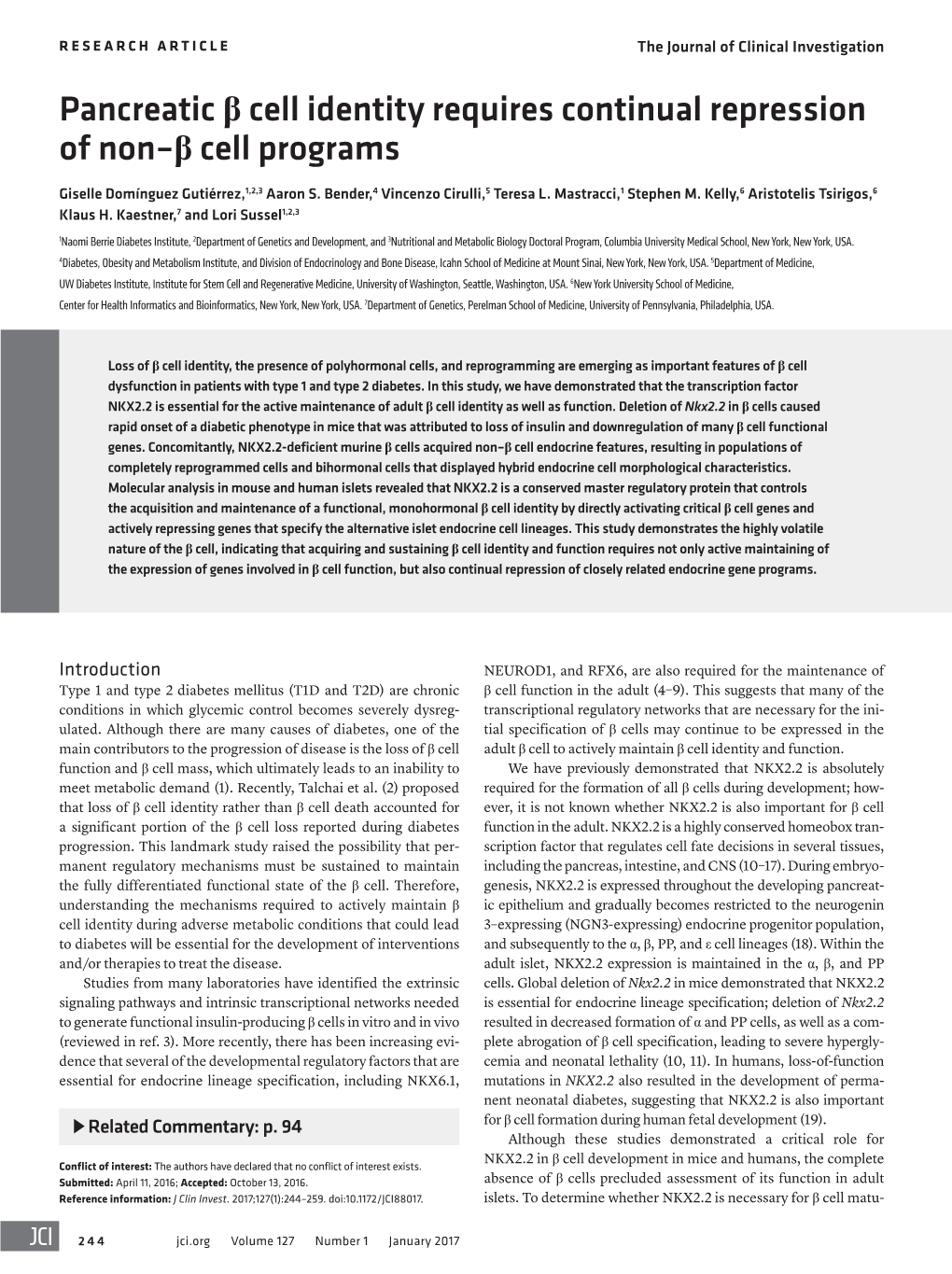 Pancreatic Β Cell Identity Requires Continual Repression of Non–Β Cell Programs