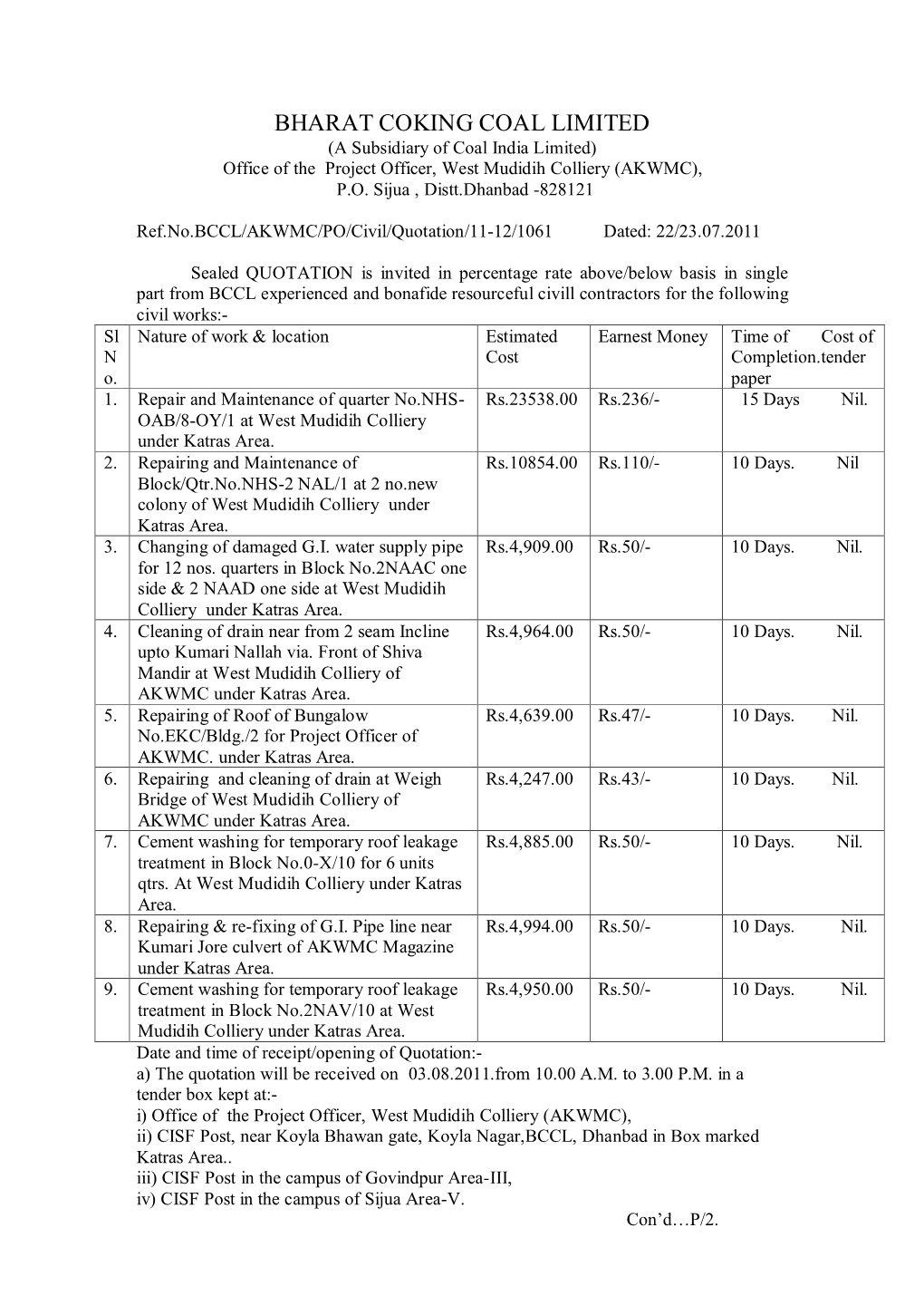 BHARAT COKING COAL LIMITED (A Subsidiary of Coal India Limited) Office of the Project Officer, West Mudidih Colliery (AKWMC), P.O