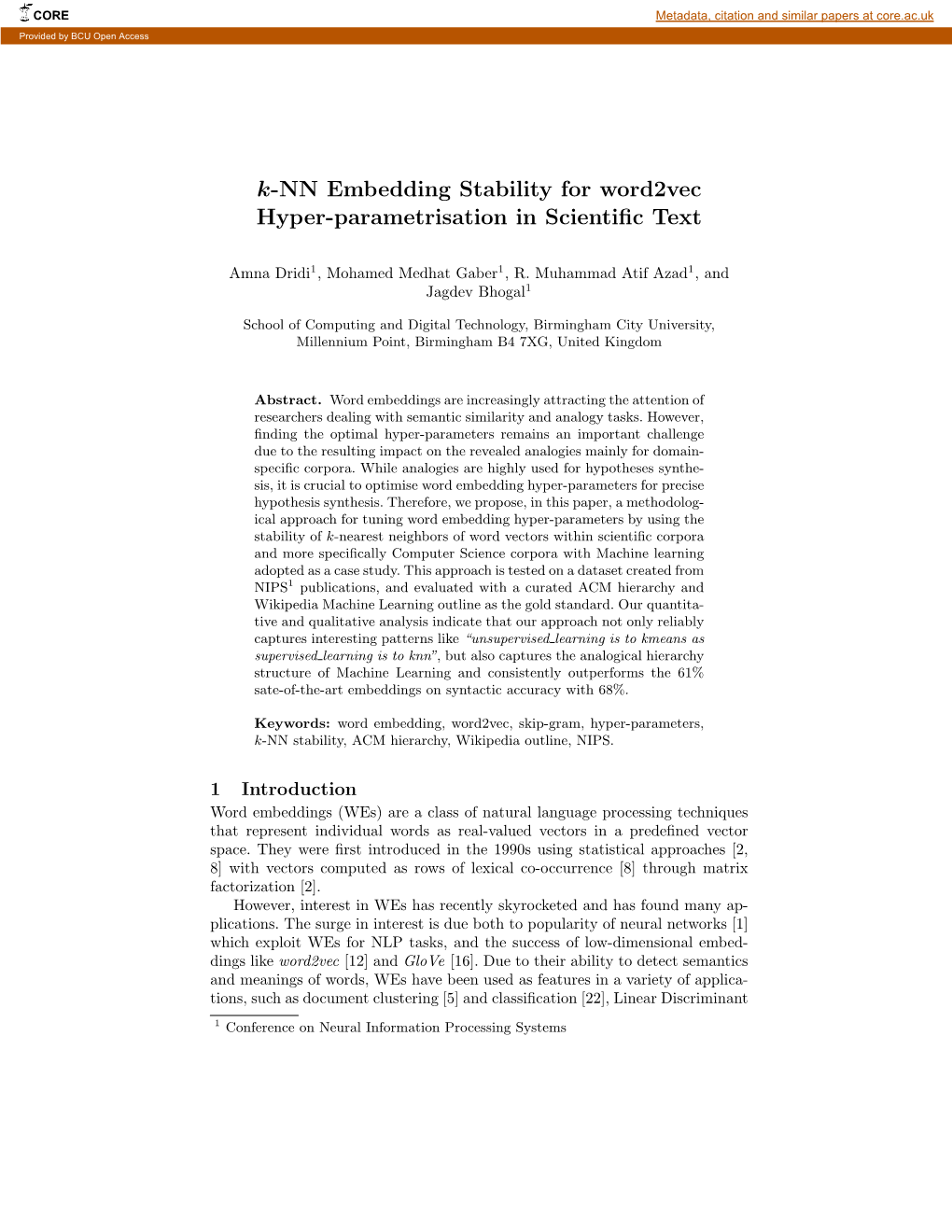 K-NN Embedding Stability for Word2vec Hyper-Parametrisation in Scientiﬁc Text