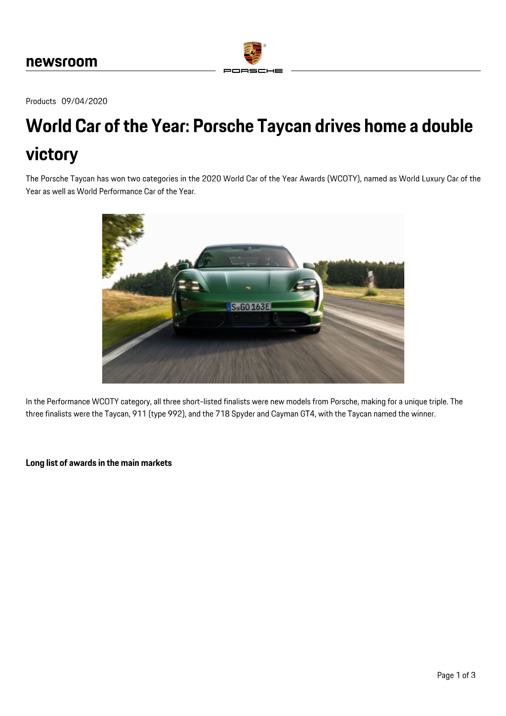 World Car of the Year: Porsche Taycan Drives Home a Double Victory