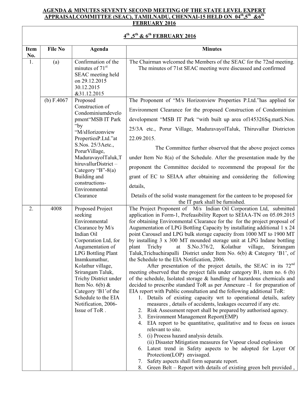 Agenda & Minutes Seventy Second Meeting of The