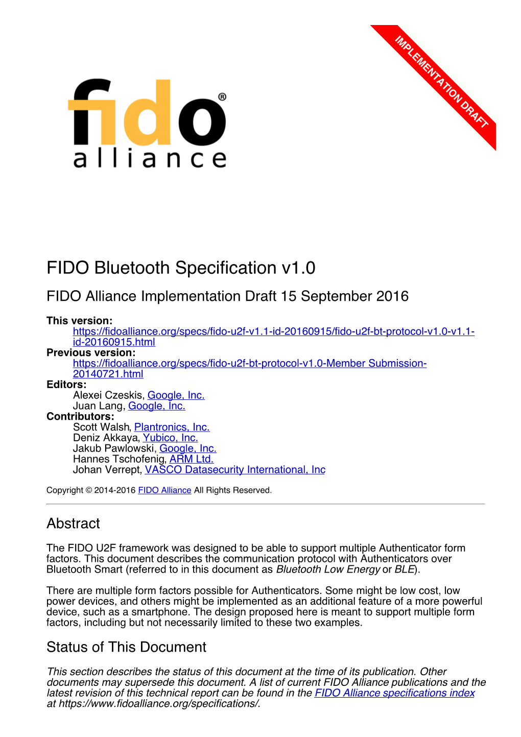 FIDO Bluetooth Specification V1.0 FIDO Alliance Implementation Draft 15 September 2016