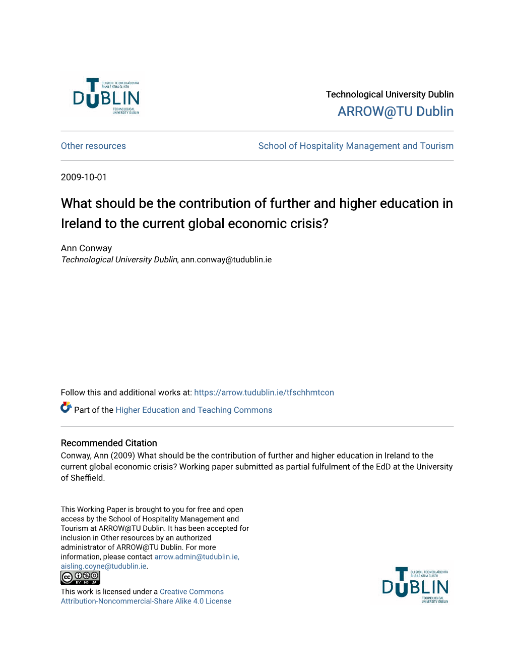 What Should Be the Contribution of Further and Higher Education in Ireland to the Current Global Economic Crisis?