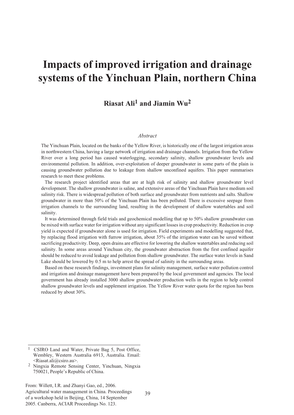 Impacts of Improved Irrigation and Drainage Systems of the Yinchuan Plain, Northern China