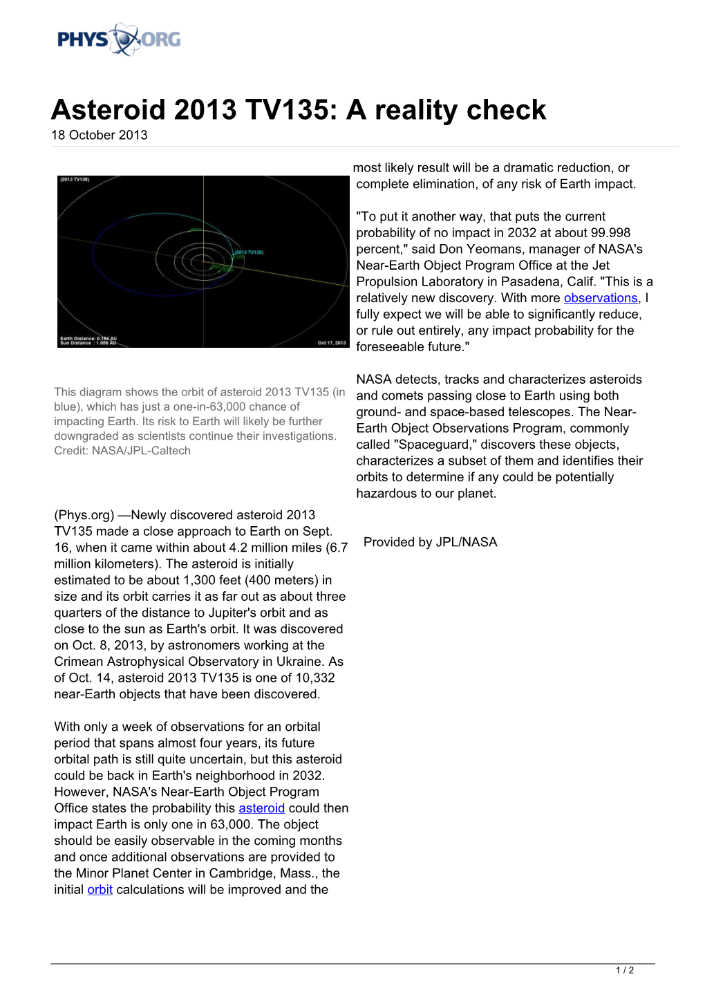 Asteroid 2013 TV135: a Reality Check 18 October 2013