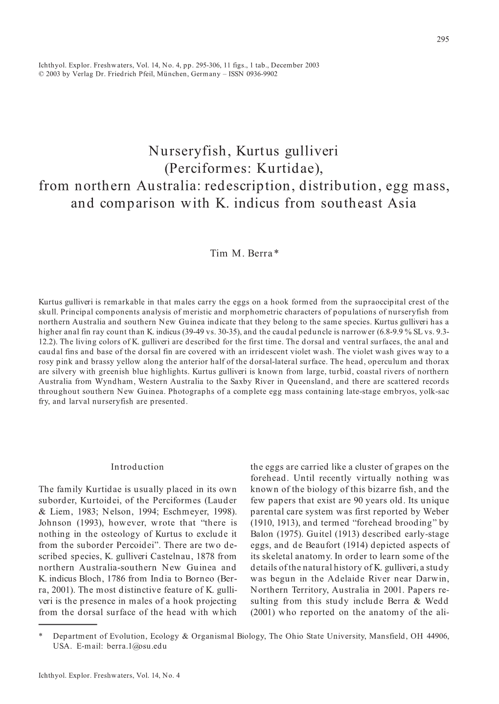 Nurseryfish, Kurtus Gulliveri (Perciformes: Kurtidae), from Northern Australia: Redescription, Distribution, Egg Mass, and Comparison with K