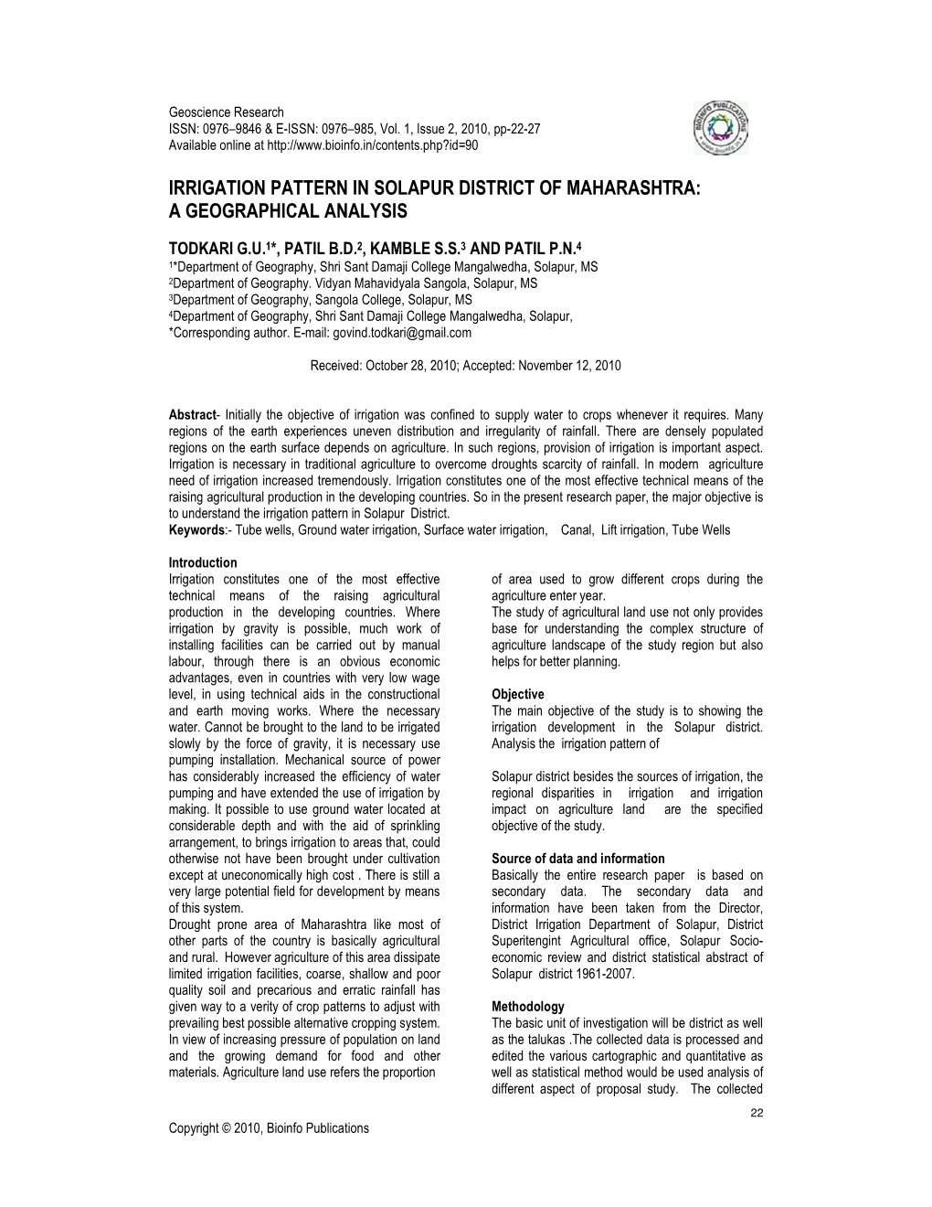 Irrigation Pattern in Solapur District of Maharashtra: a Geographical Analysis