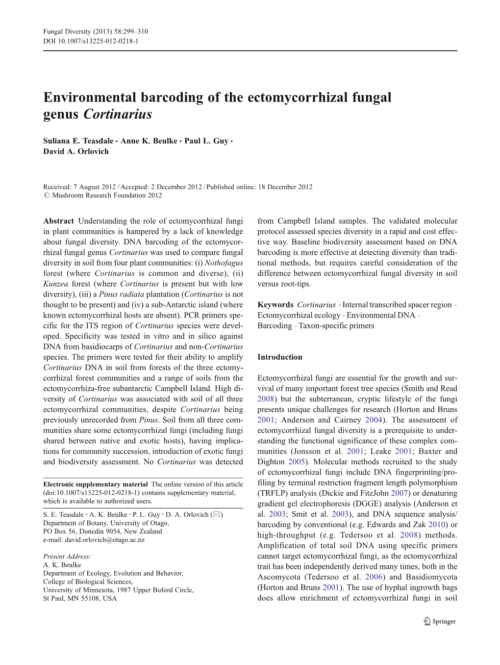 Environmental Barcoding of the Ectomycorrhizal Fungal Genus Cortinarius