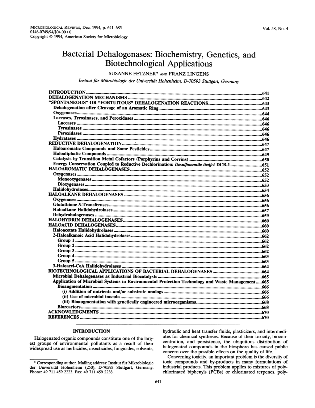 Bacterial Dehalogenases: Biochemistry, Genetics