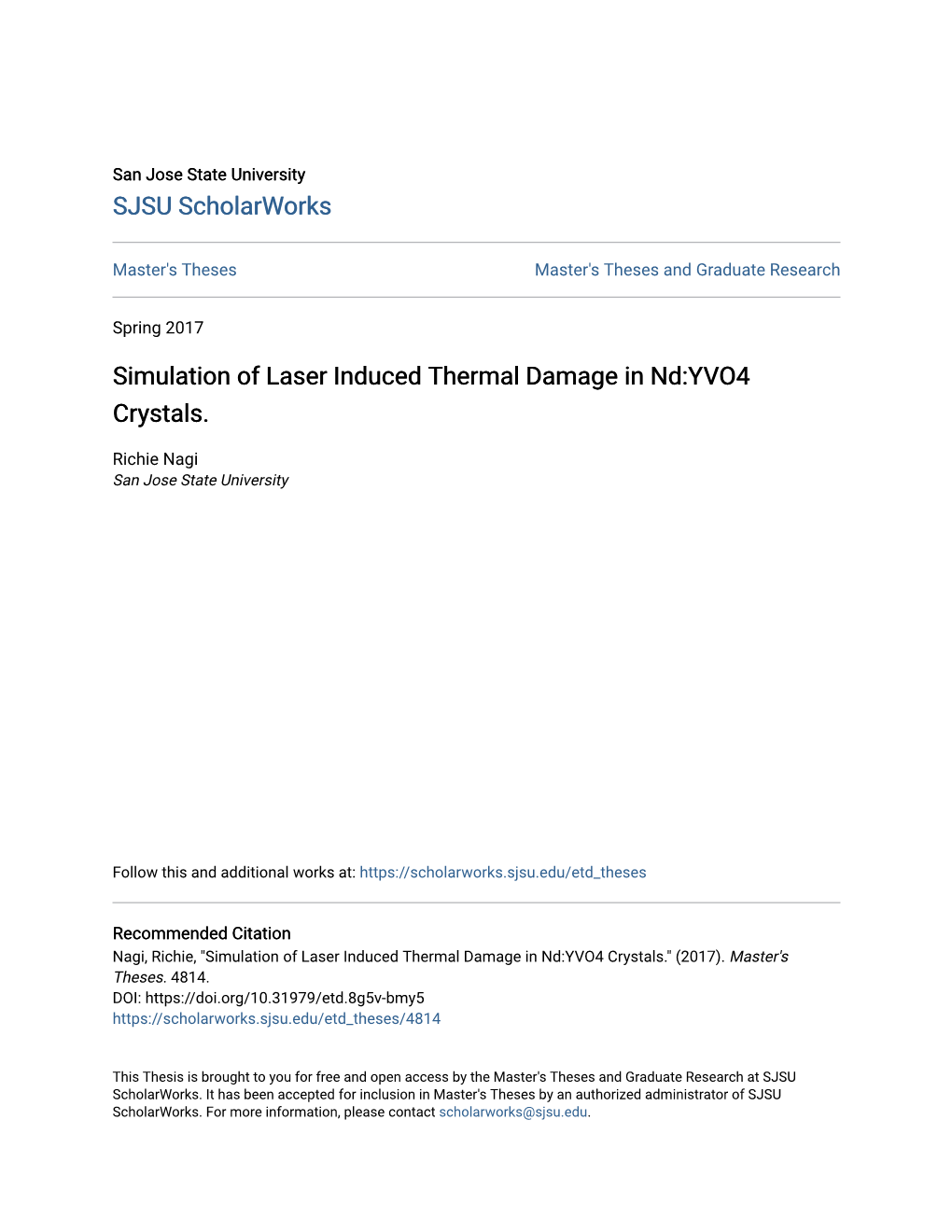 Simulation of Laser Induced Thermal Damage in Nd:YVO4 Crystals