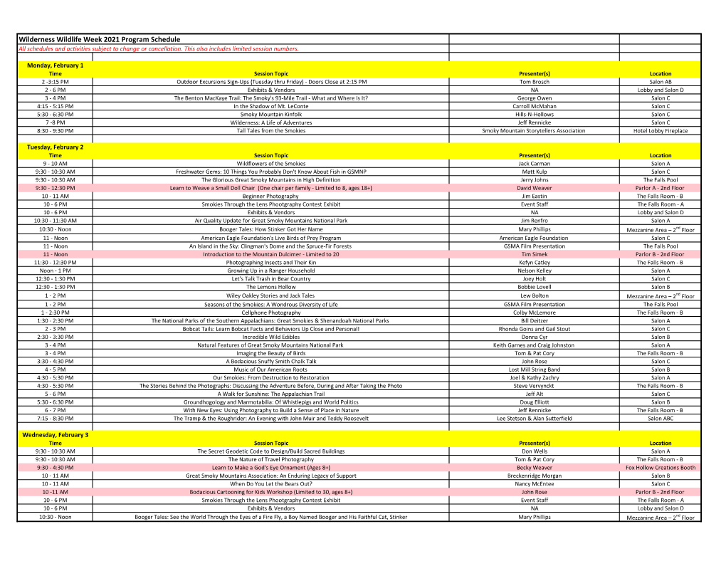 Wilderness Wildlife Week 2021 Program Schedule All Schedules and Activities Subject to Change Or Cancellation