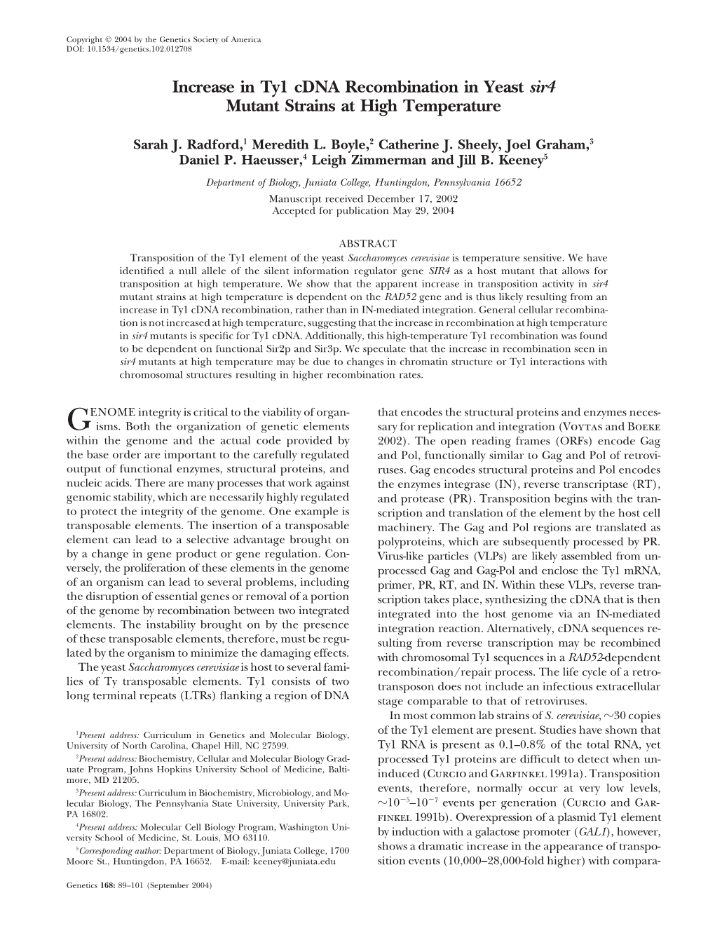 Increase in Ty1 Cdna Recombination in Yeast Sir4 Mutant Strains at High Temperature