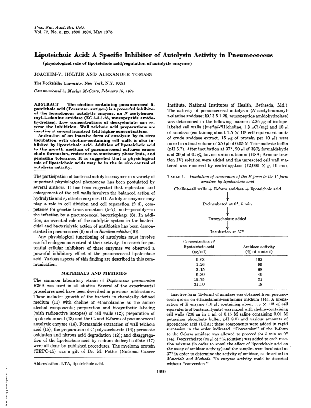 Lipoteichoic Acid: a Specific Inhibitor of Autolysin Activity in Pneumococcus (Physiological Role of Lipoteichoic Acid/Regulation of Autolytic Enzymes)