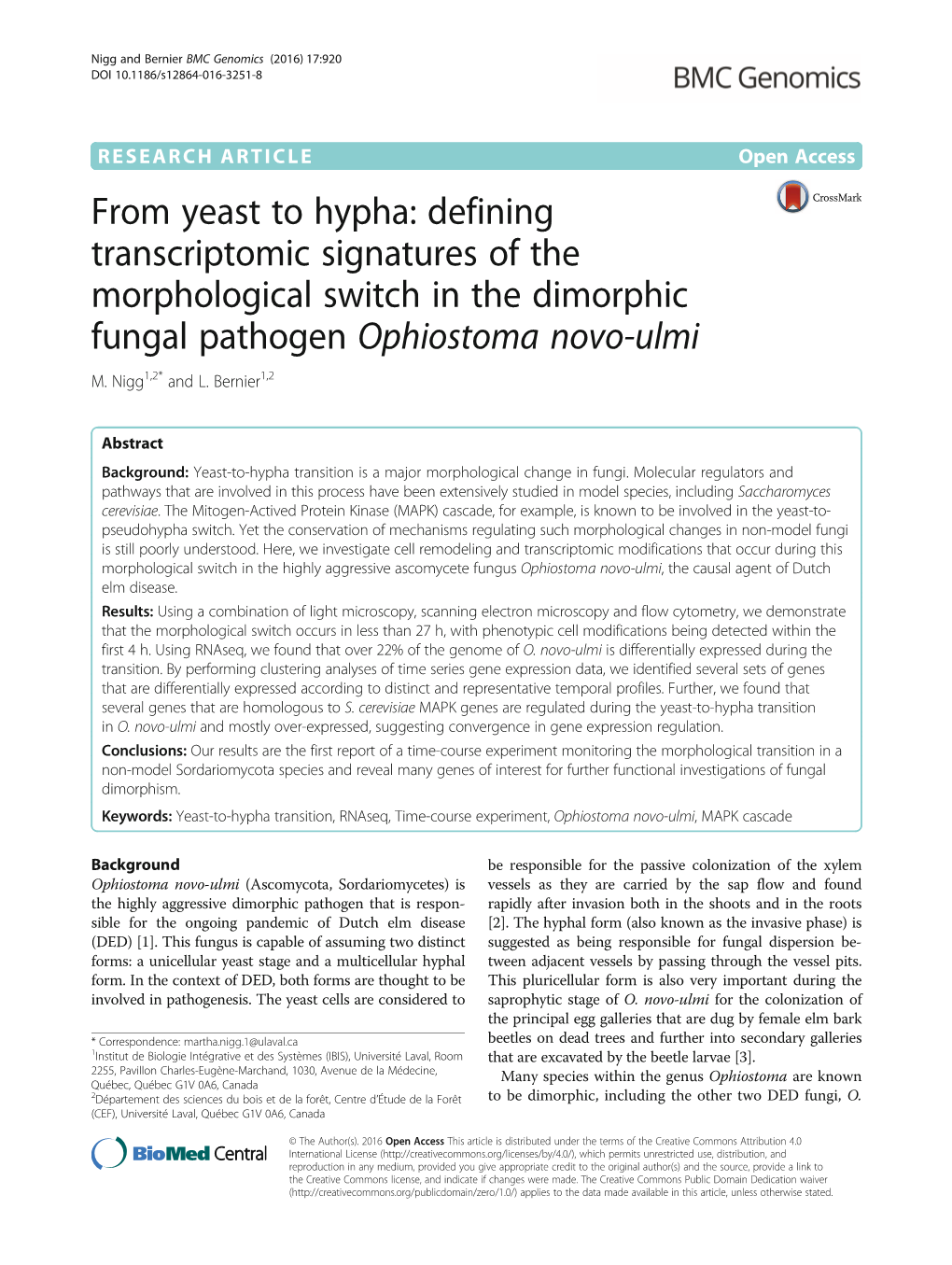 From Yeast to Hypha: Defining Transcriptomic Signatures of the Morphological Switch in the Dimorphic Fungal Pathogen Ophiostoma Novo-Ulmi M