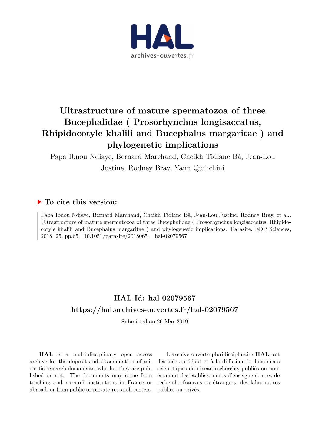 Ultrastructure of Mature Spermatozoa of Three Bucephalidae