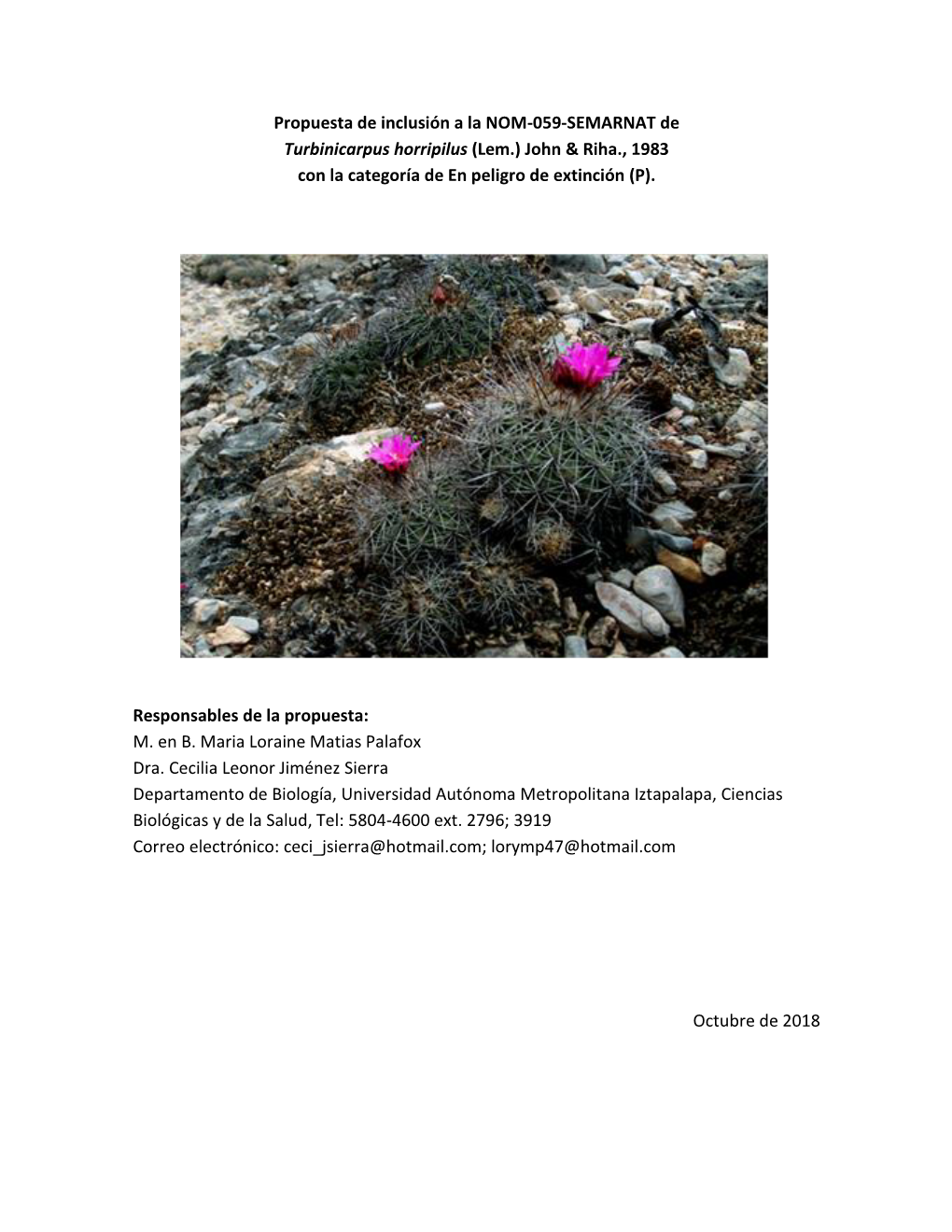 Propuesta De Inclusión a La NOM-059-SEMARNAT De Turbinicarpus Horripilus (Lem.) John & Riha., 1983 Con La Categoría De En Peligro De Extinción (P)