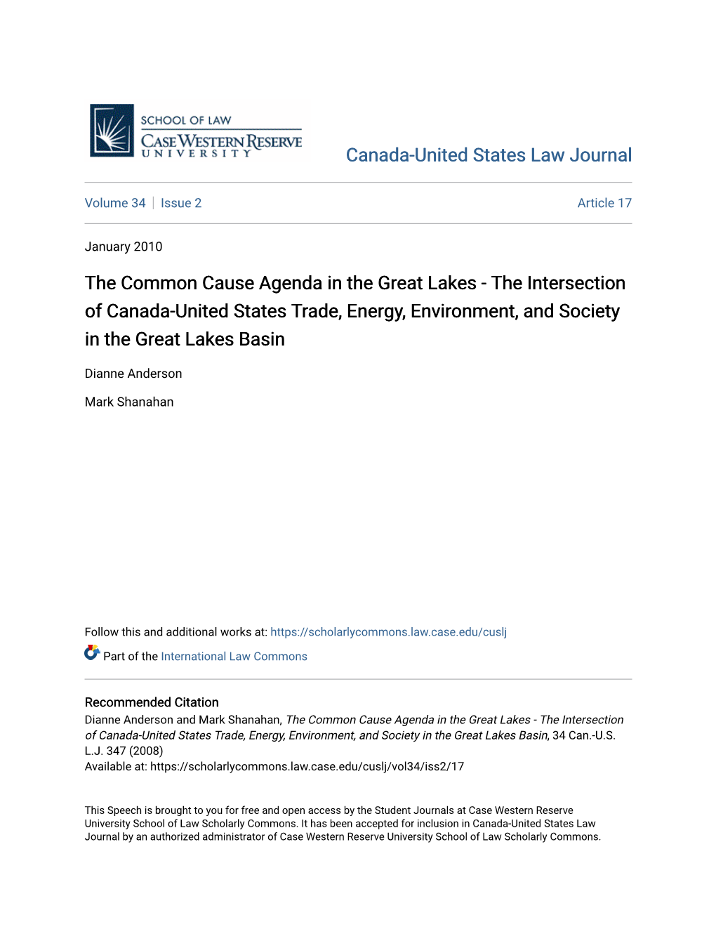 The Intersection of Canada-United States Trade, Energy, Environment, and Society in the Great Lakes Basin