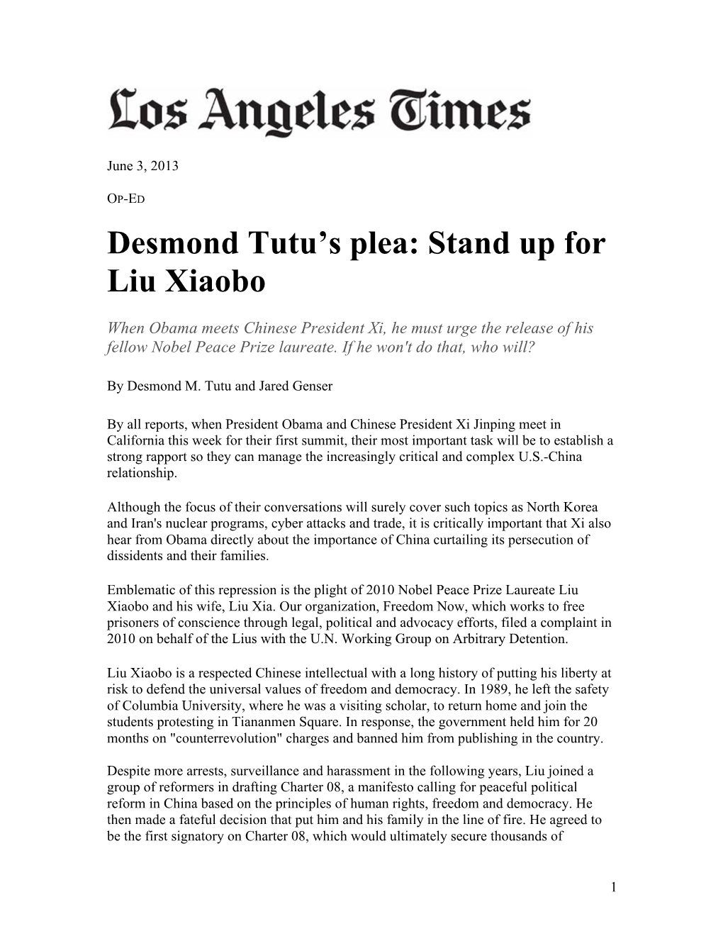 Desmond Tutu's Plea: Stand up for Liu Xiaobo