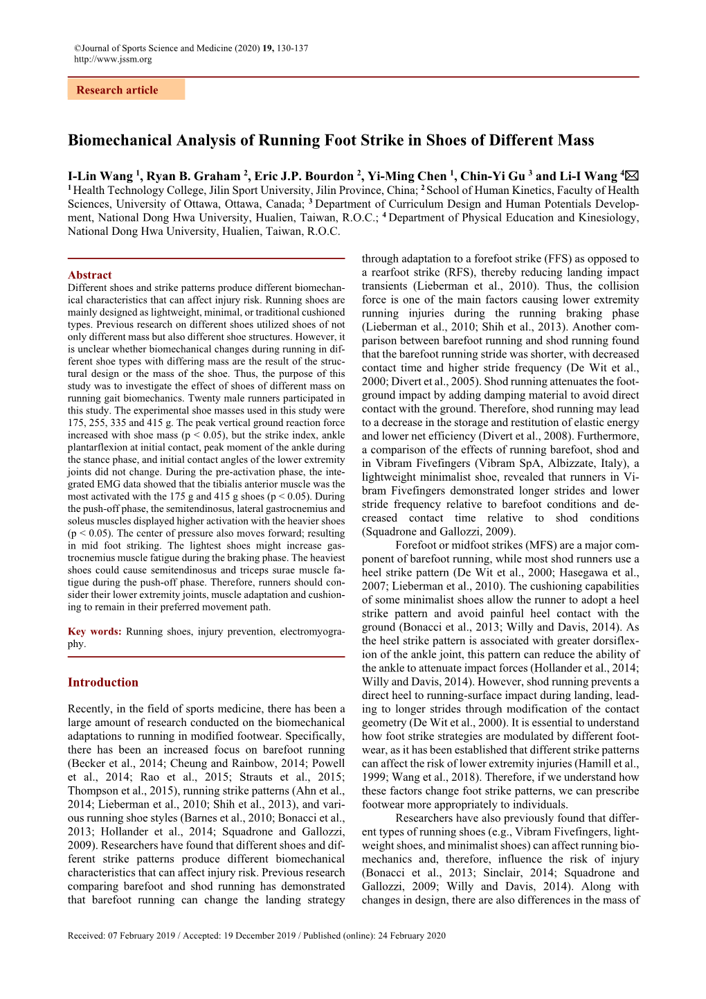 Biomechanical Analysis of Running Foot Strike in Shoes of Different Mass