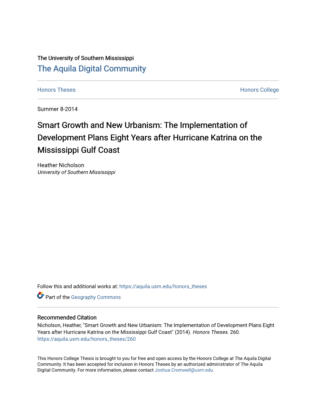 Smart Growth and New Urbanism: the Implementation of Development Plans Eight Years After Hurricane Katrina on the Mississippi Gulf Coast