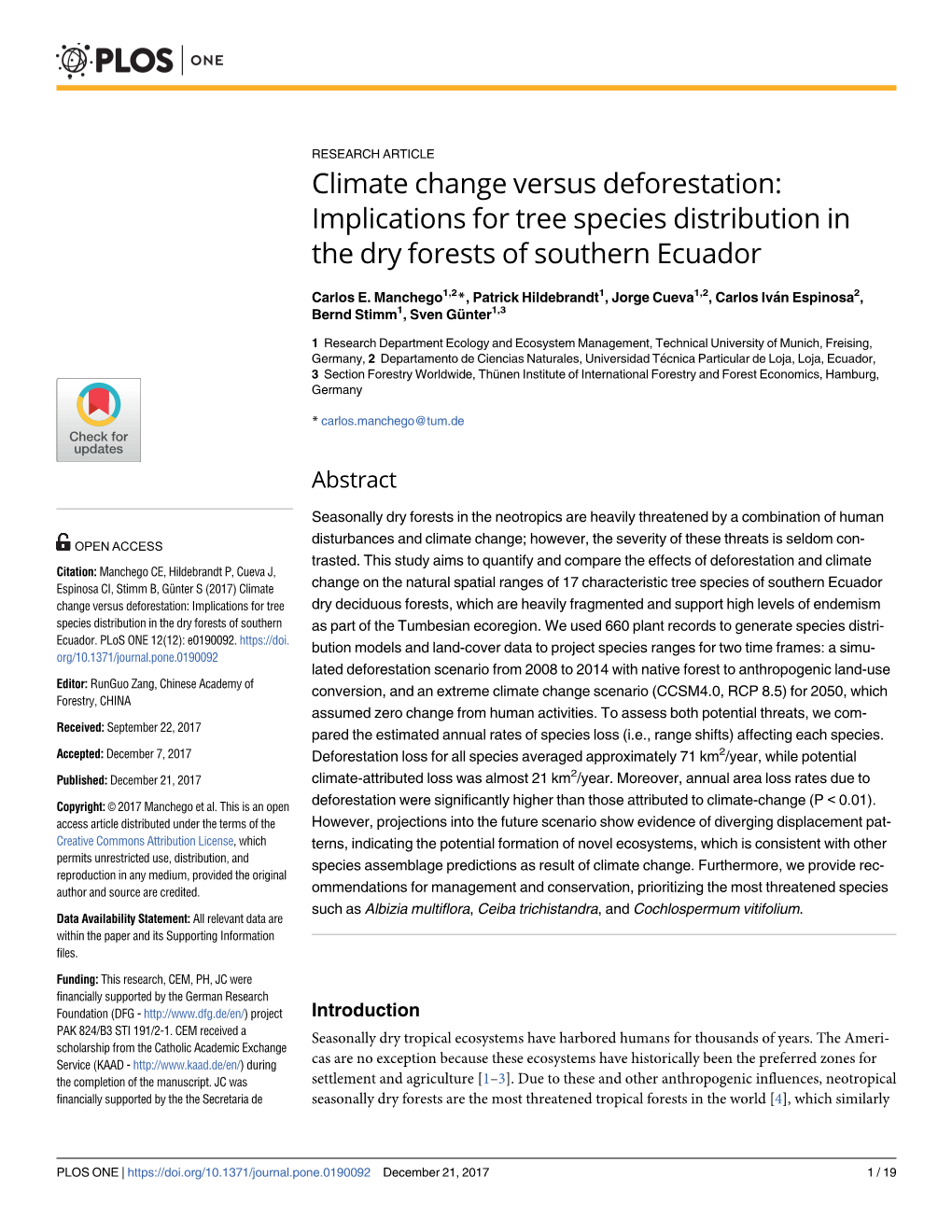 Climate Change Versus Deforestation: Implications for Tree Species Distribution in the Dry Forests of Southern Ecuador
