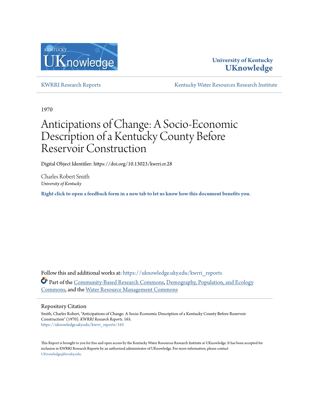 A Socio-Economic Description of a Kentucky County Before Reservoir Construction Digital Object Identifier