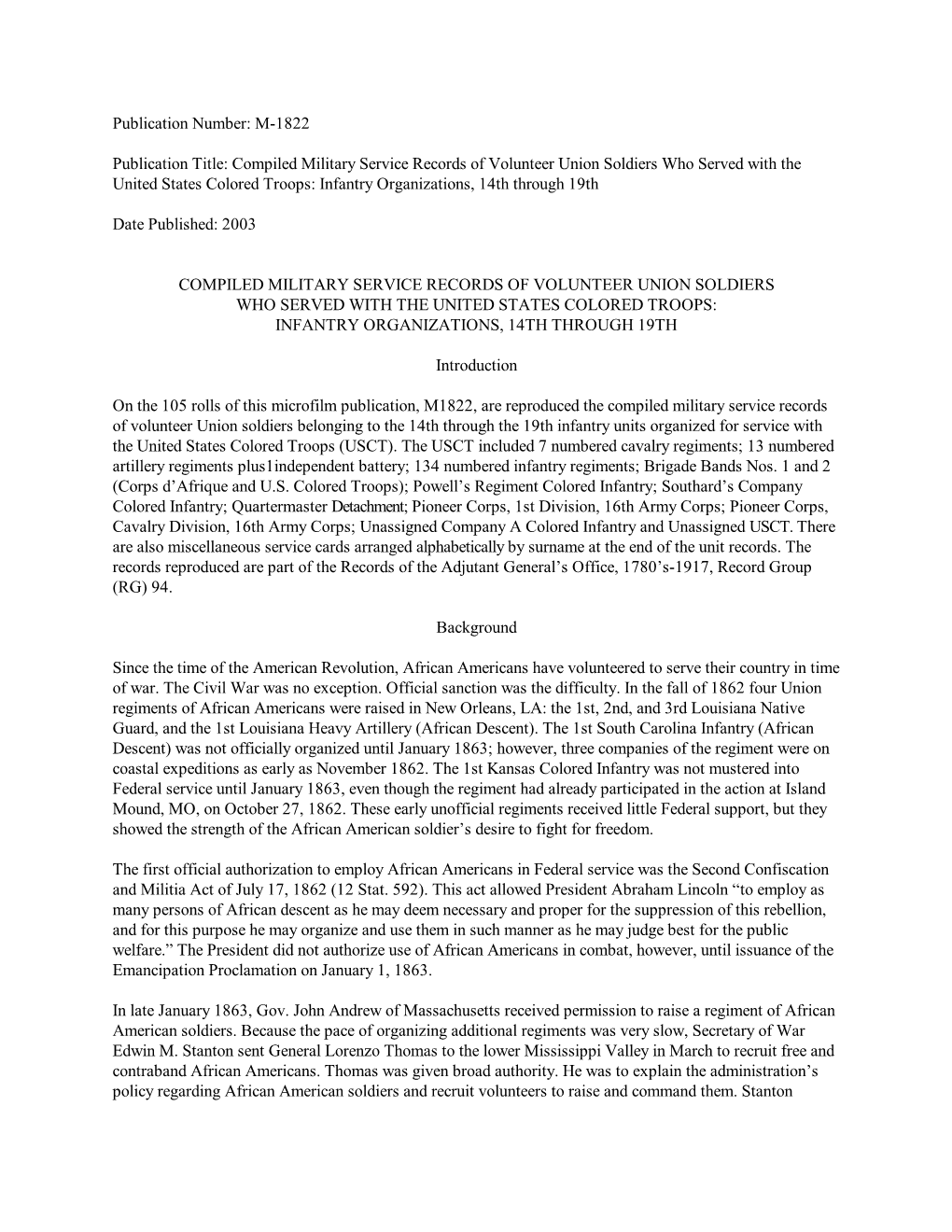 Compiled Military Service Records of Volunteer Union Soldiers Who Served with the United States Colored Troops: Infantry Organizations, 14Th Through 19Th