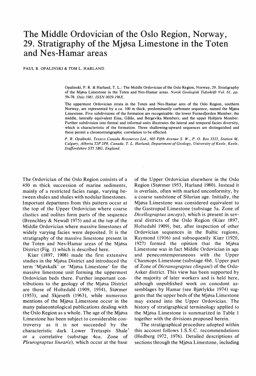 The Middle Ordovician of the Oslo Region, Norway, 29. Stratigraphy of the Mjøsa Limestone in the Toten and Nes-Hamar Areas