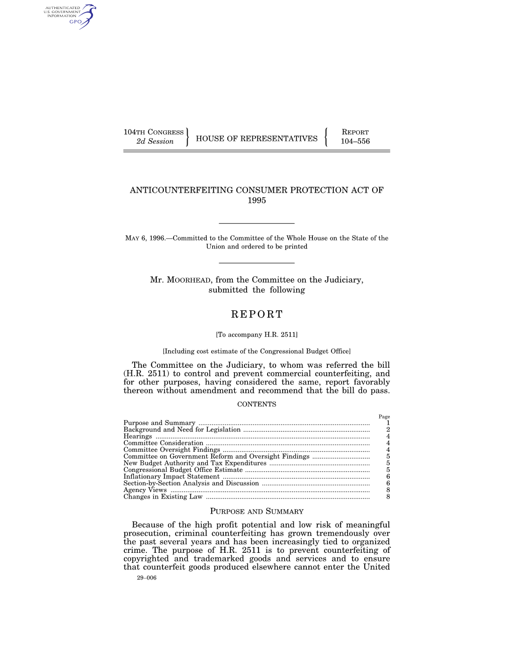 REPORT 2D Session HOUSE of REPRESENTATIVES 104–556 