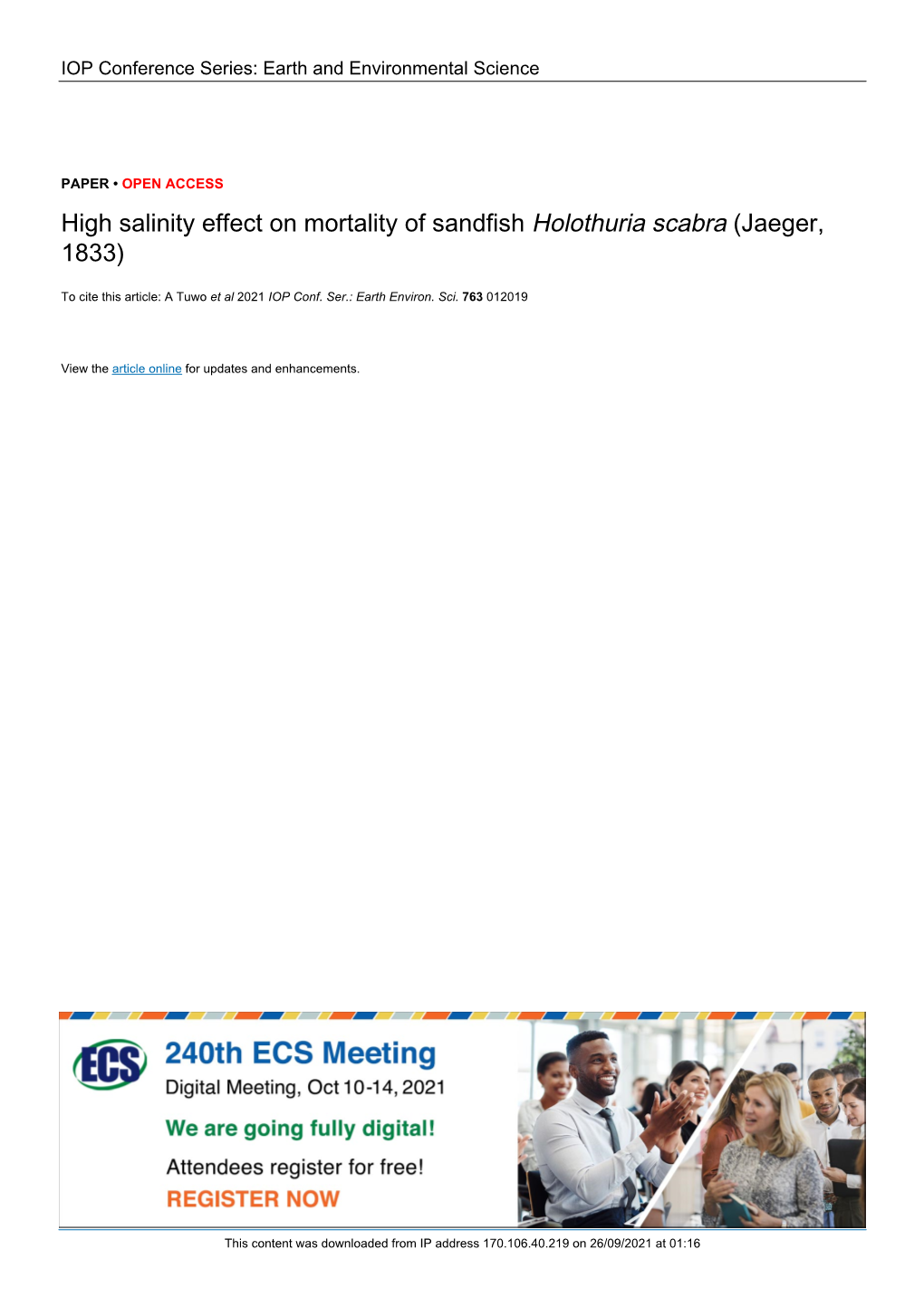 PDF, High Salinity Effect on Mortality of Sandfish Holothuria Scabra