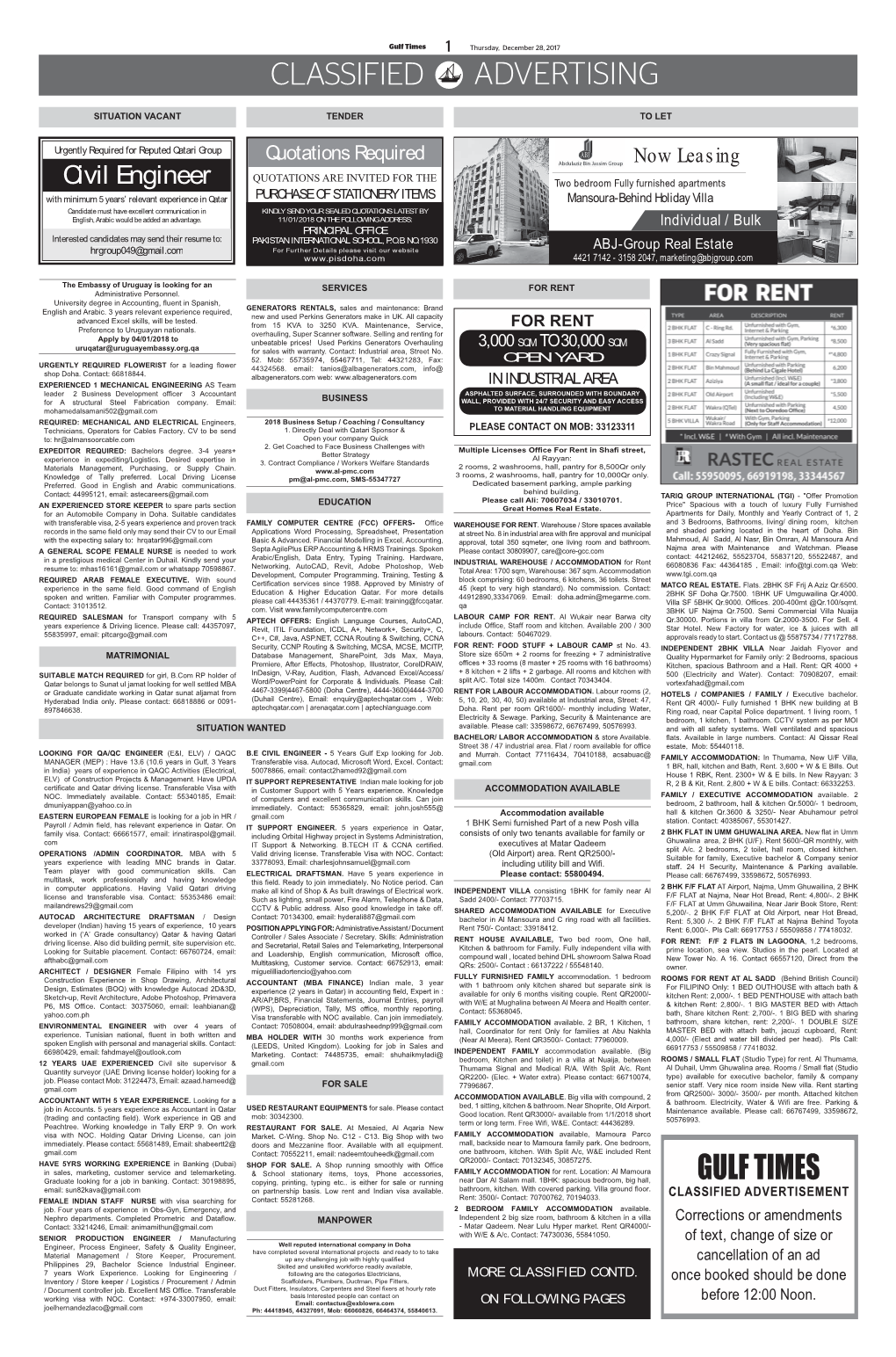 Gulf Times 1 Thursday, December 28, 2017 CLASSIFIED ADVERTISING