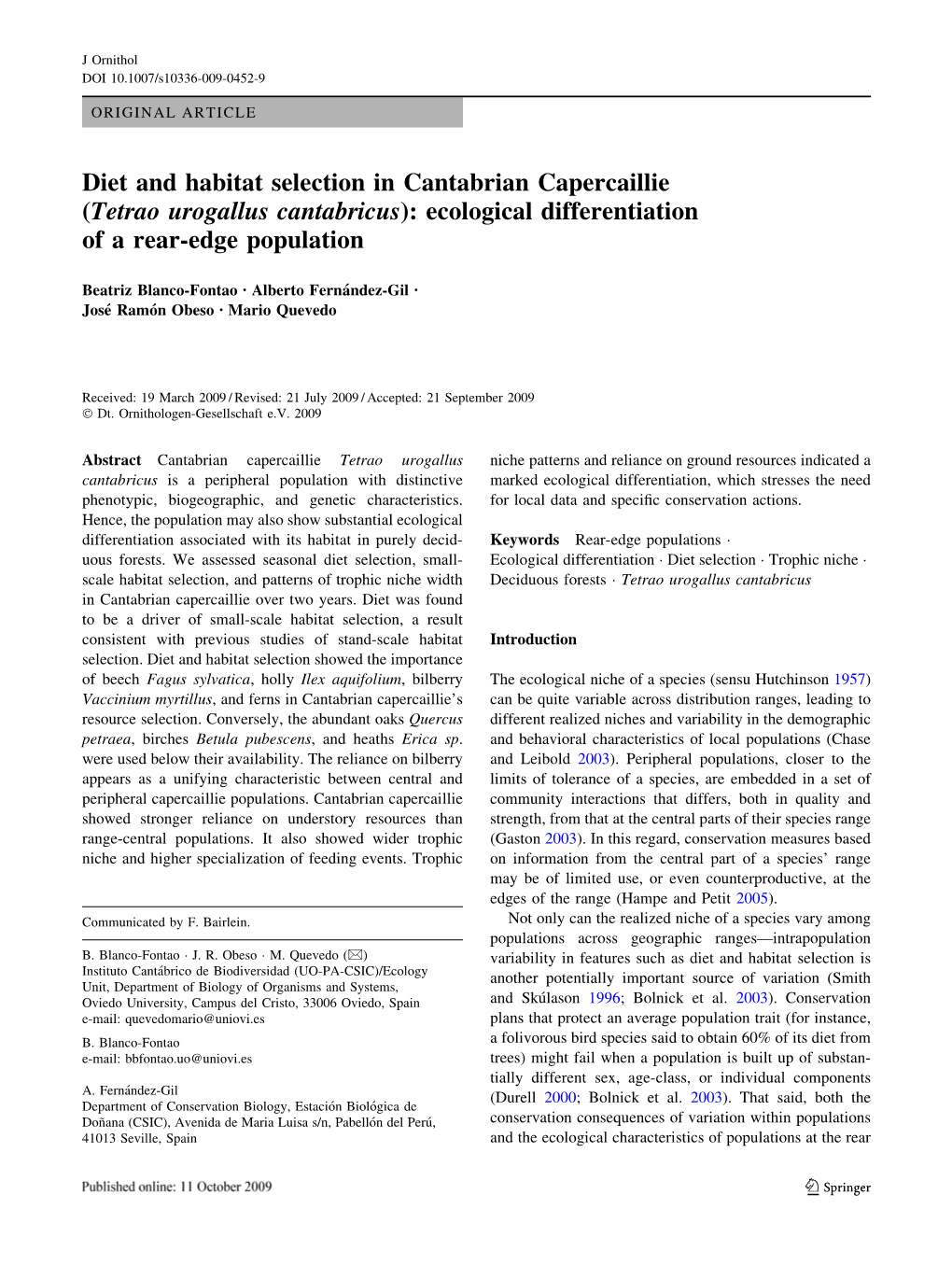 Diet and Habitat Selection in Cantabrian Capercaillie (Tetrao Urogallus Cantabricus): Ecological Differentiation of a Rear-Edge Population