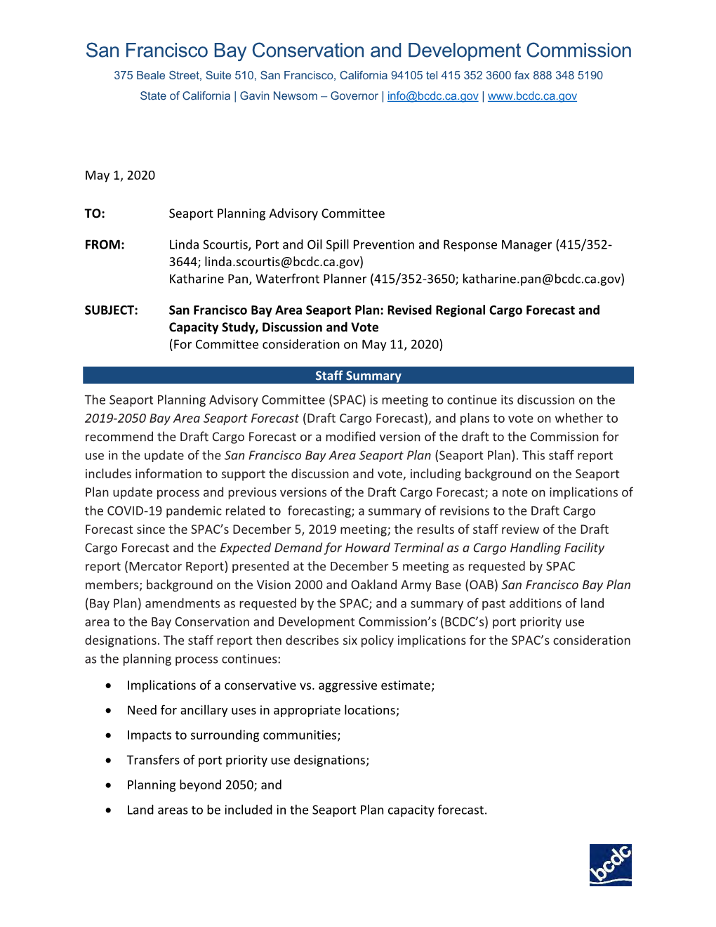 Revised Regional Cargo Forecast and Capacity Study, Discussion and Vote (For Committee Consideration on May 11, 2020)