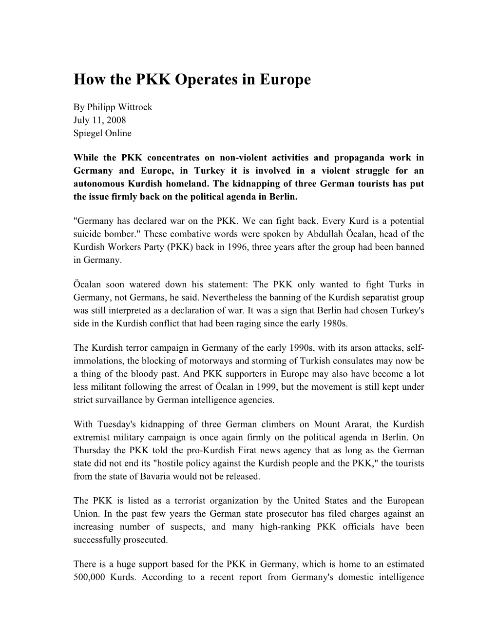 How the PKK Operates in Europe