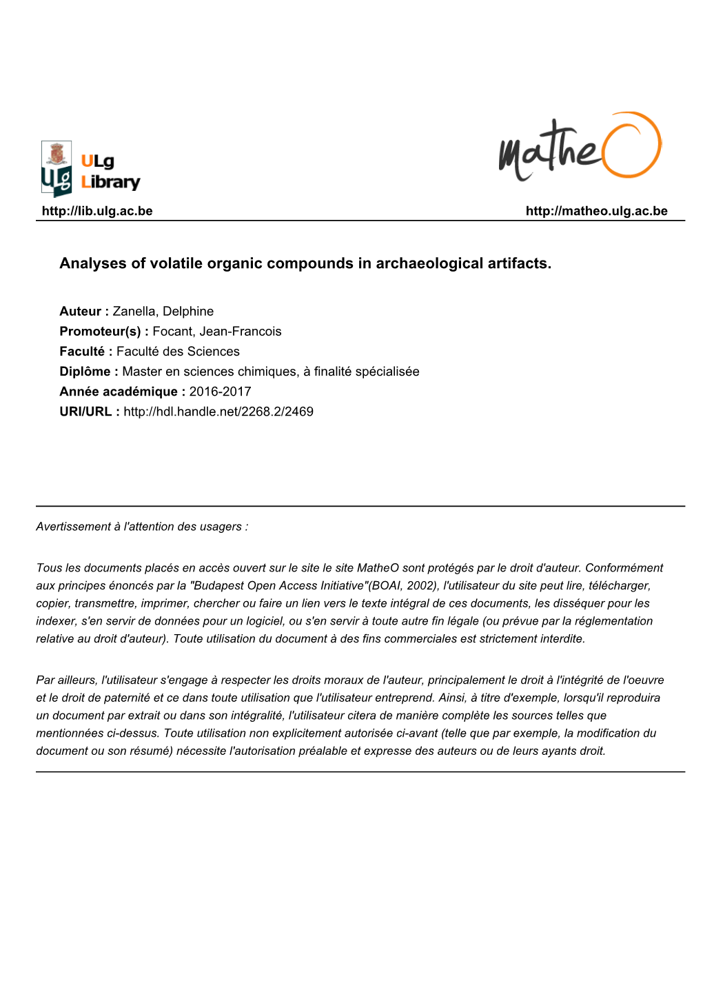 Analyses of Volatile Organic Compounds in Archaeological Artifacts