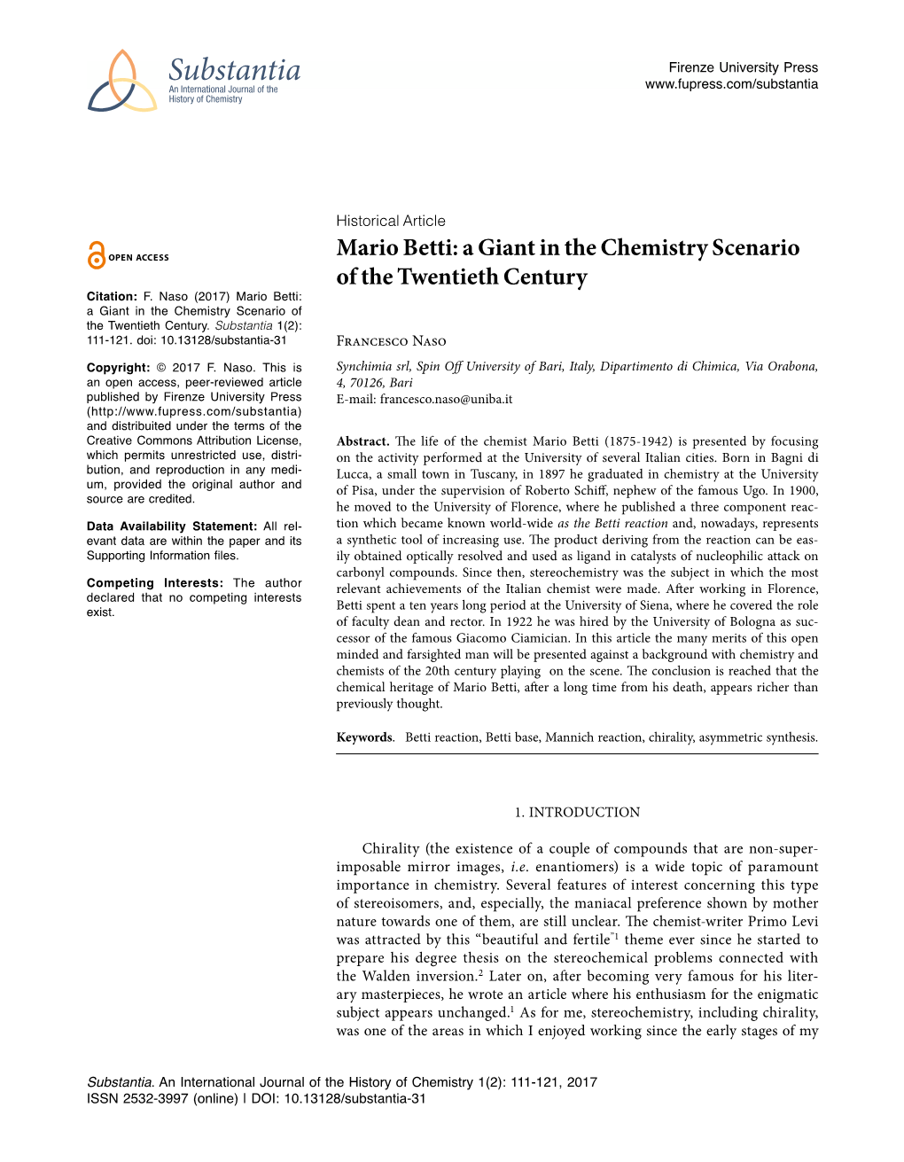 Mario Betti: a Giant in the Chemistry Scenario of the Twentieth Century Citation: F