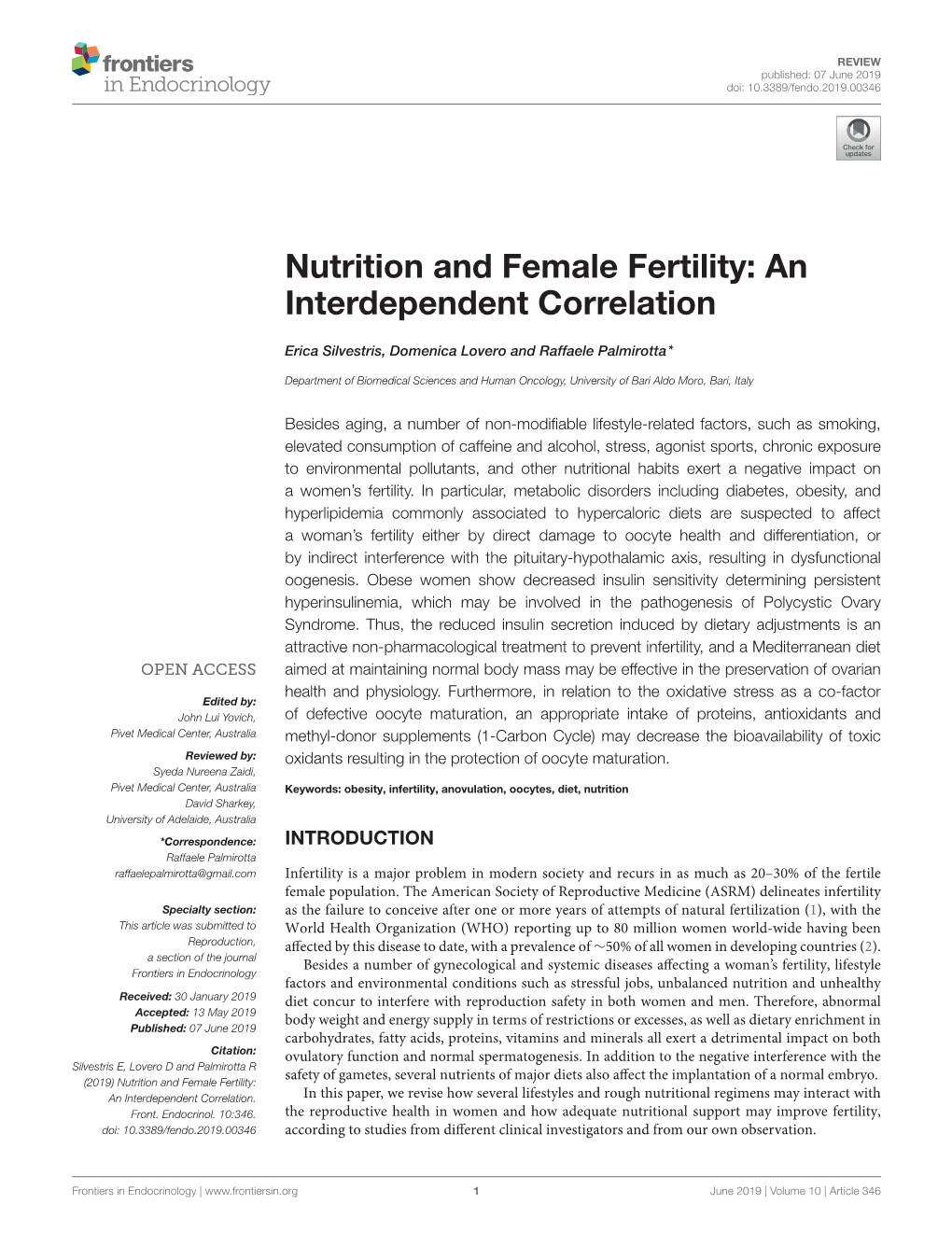 Nutrition and Female Fertility: an Interdependent Correlation