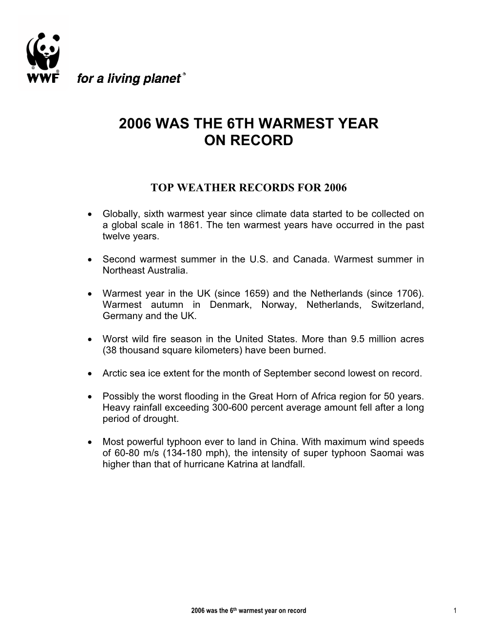 2006 Was the 6Th Warmest Year on Record