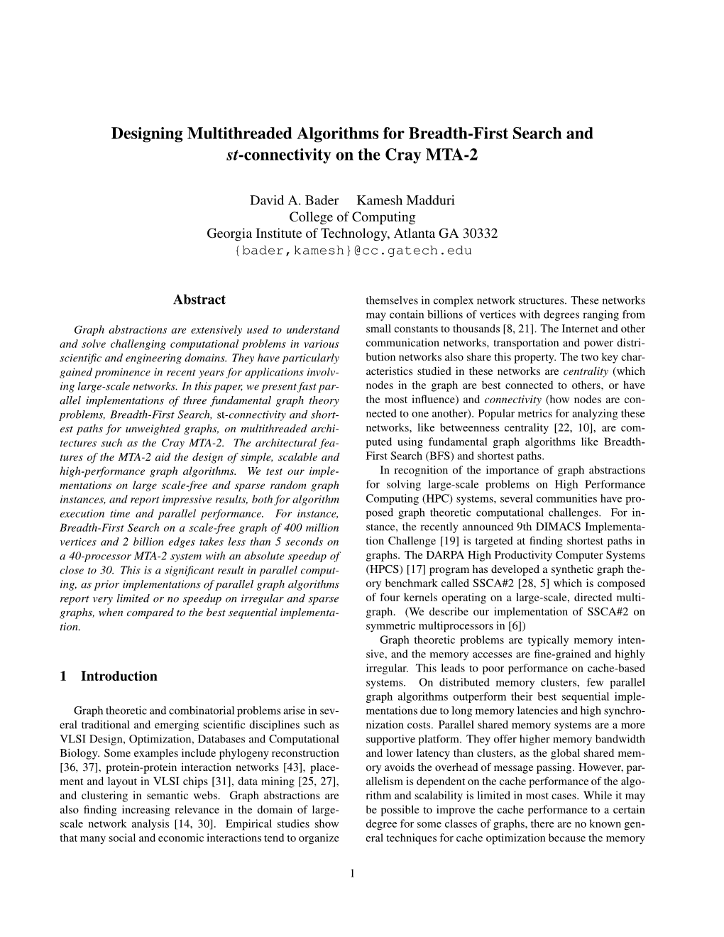 Designing Multithreaded Algorithms for Breadth-First Search and St-Connectivity on the Cray MTA-2