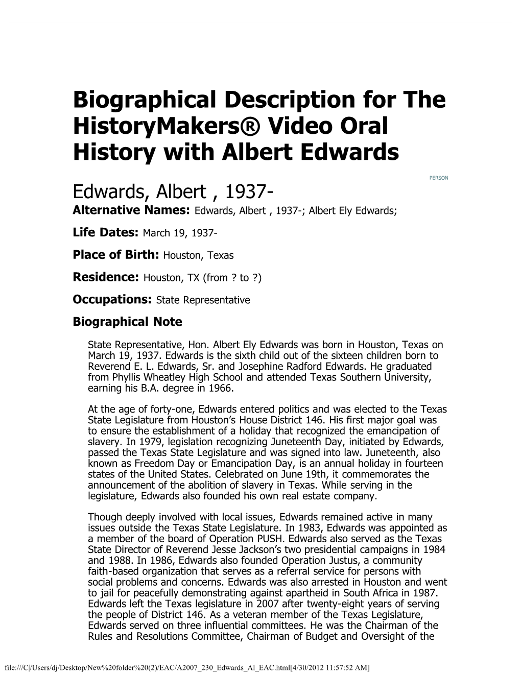 Biographical Description for the Historymakers® Video Oral History with Albert Edwards