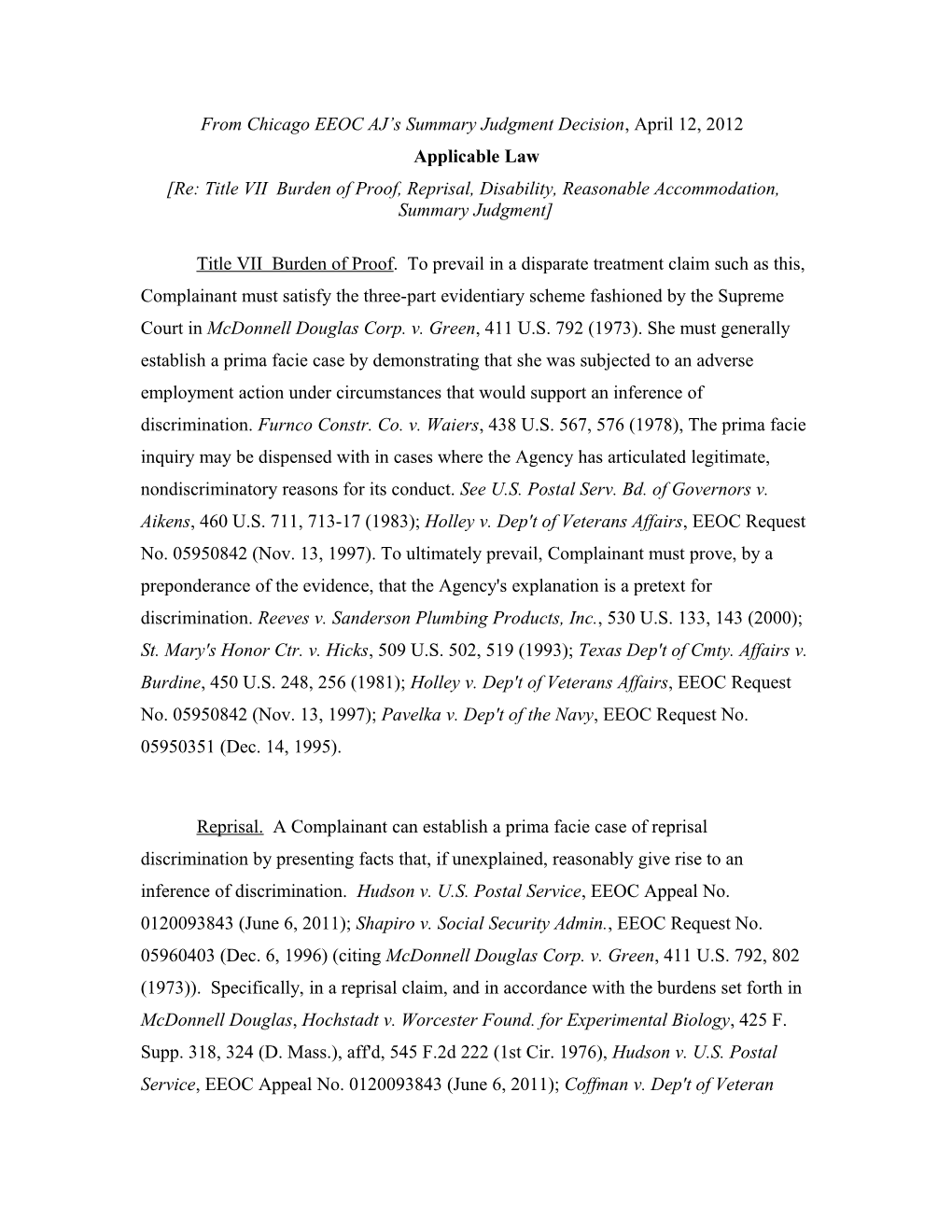 From Chicago EEOC AJ S Summary Judgment Decision , April 12, 2012