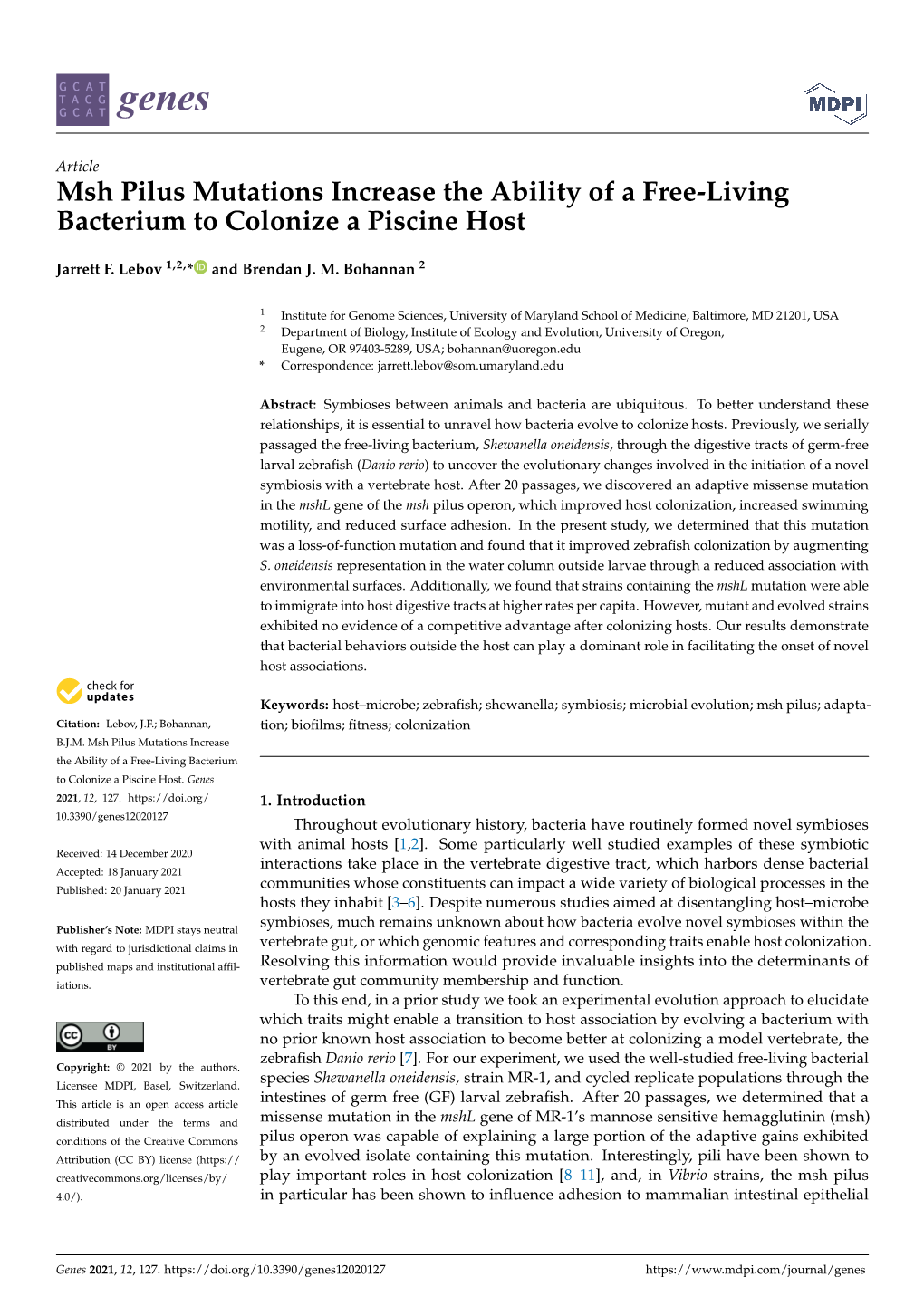 Msh Pilus Mutations Increase the Ability of a Free-Living Bacterium to Colonize a Piscine Host