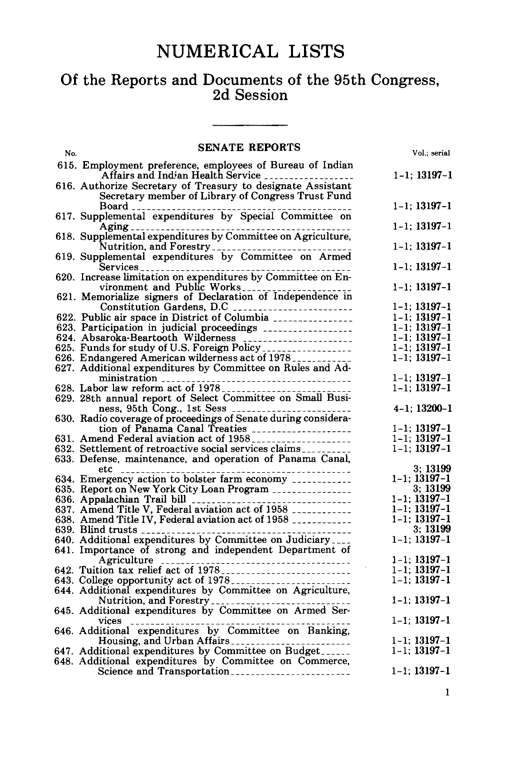 NUMERICAL LISTS of the Reports and Documents of the 95Th Congress, 2D Session