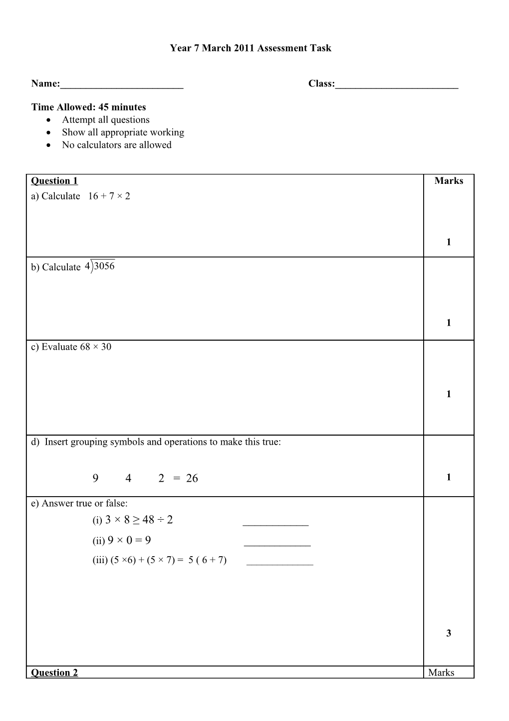 Year 7 May 2009 Assessment Task