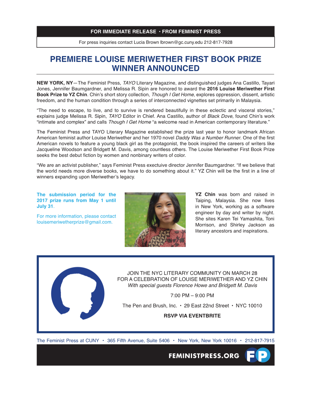 Premiere Louise Meriwether First Book Prize Winner Announced