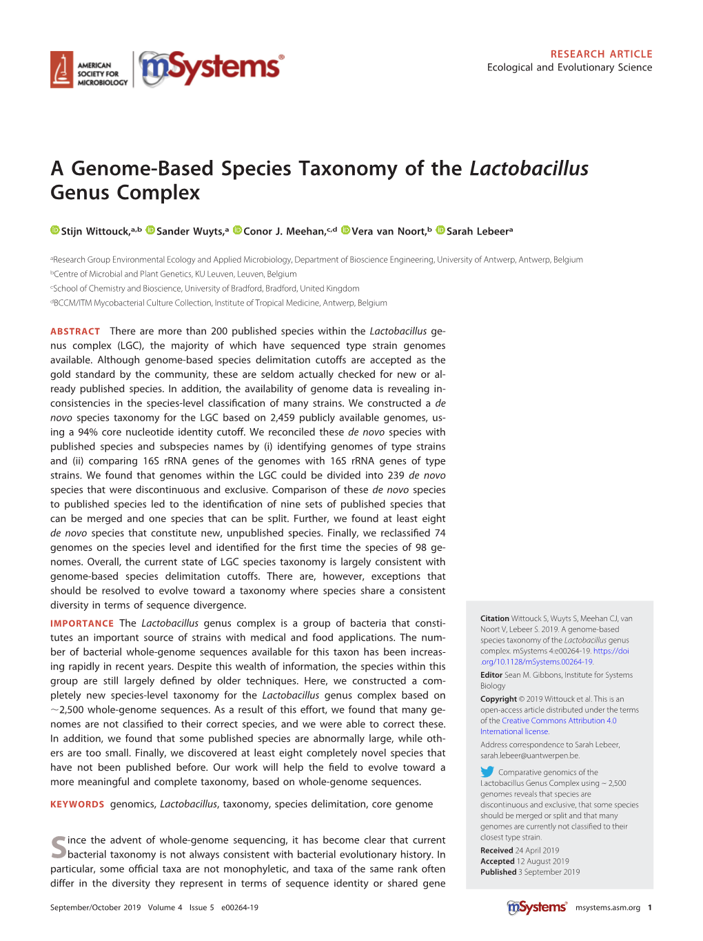 A Genome-Based Species Taxonomy of the Lactobacillus Genus Complex