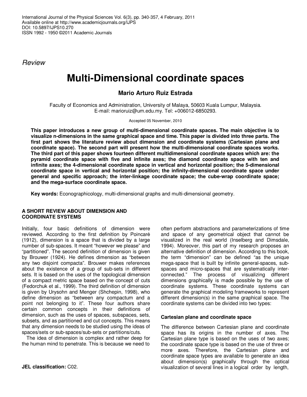 Multi-Dimensional Coordinate Spaces