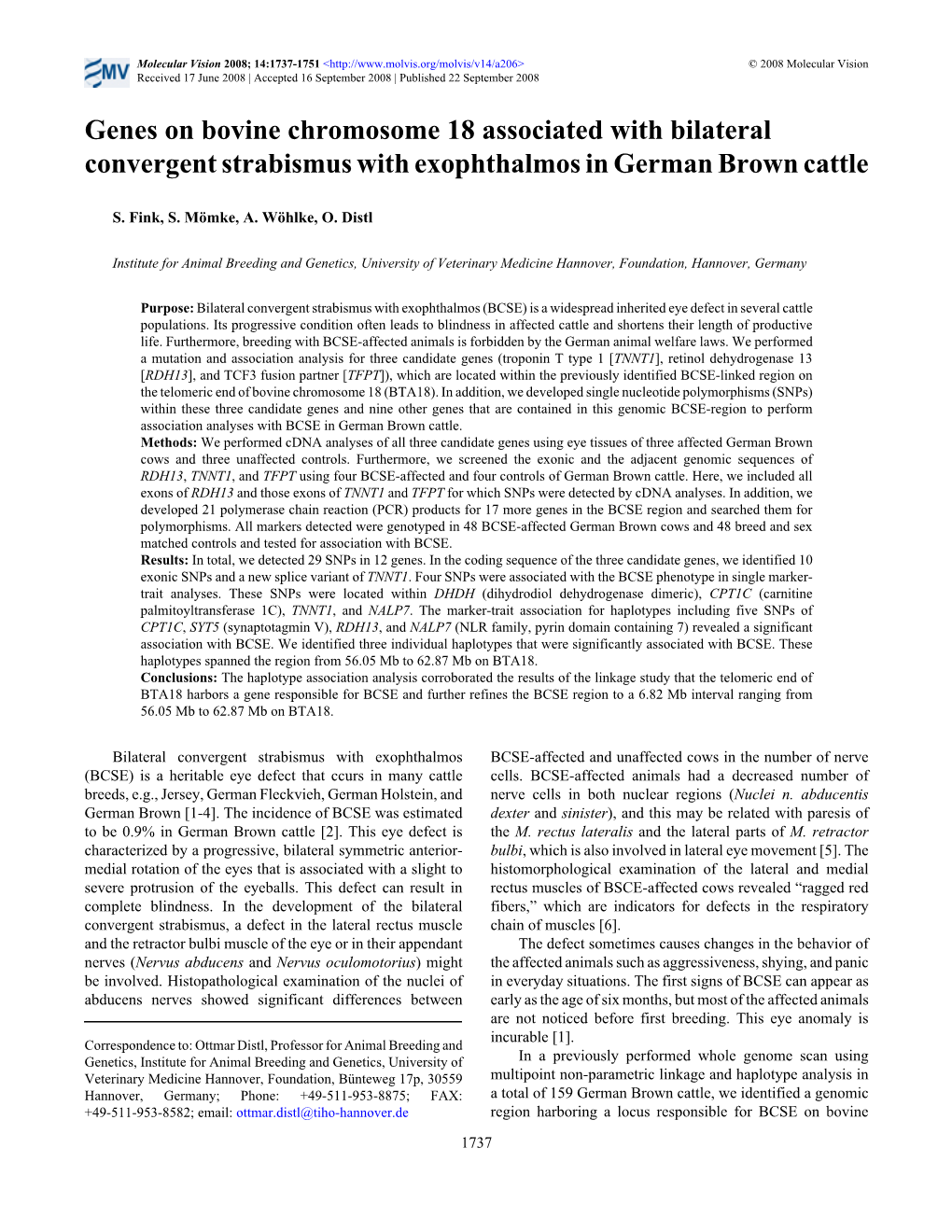 Genes on Bovine Chromosome 18 Associated with Bilateral Convergent Strabismus with Exophthalmos in German Brown Cattle