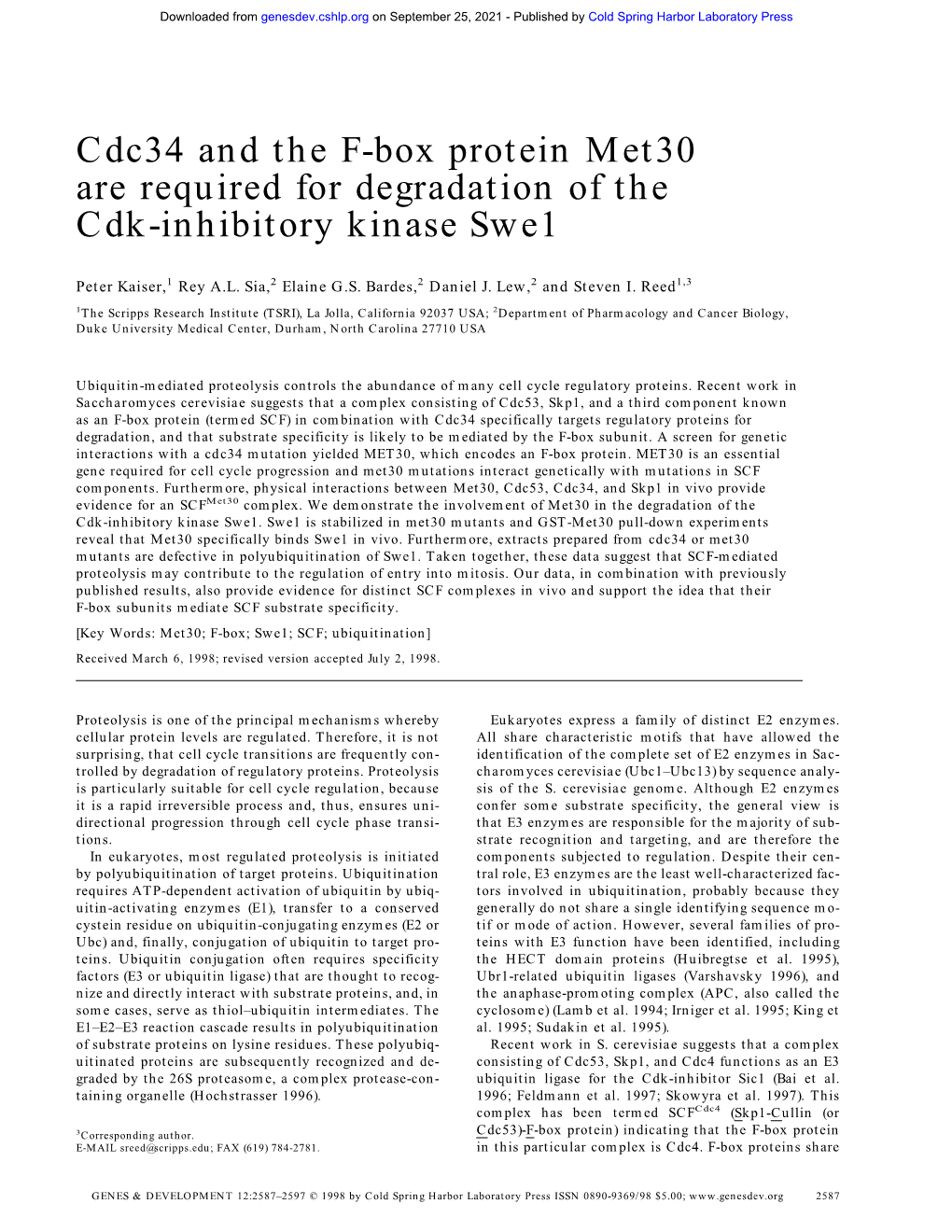 Cdc34 and the F-Box Protein Met30 Are Required for Degradation of the Cdk-Inhibitory Kinase Swe1