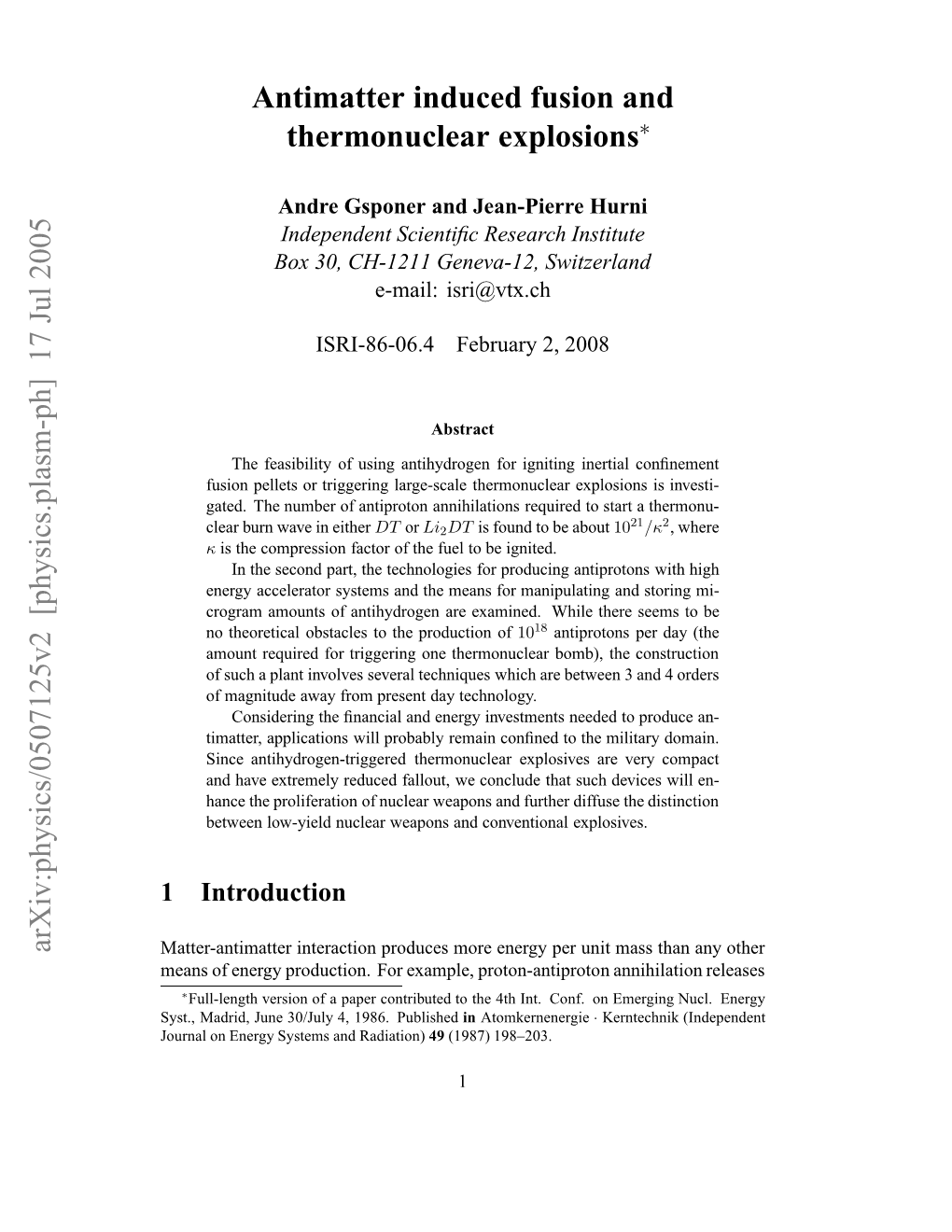 Antimatter Induced Fusion and Thermonuclear Explosions